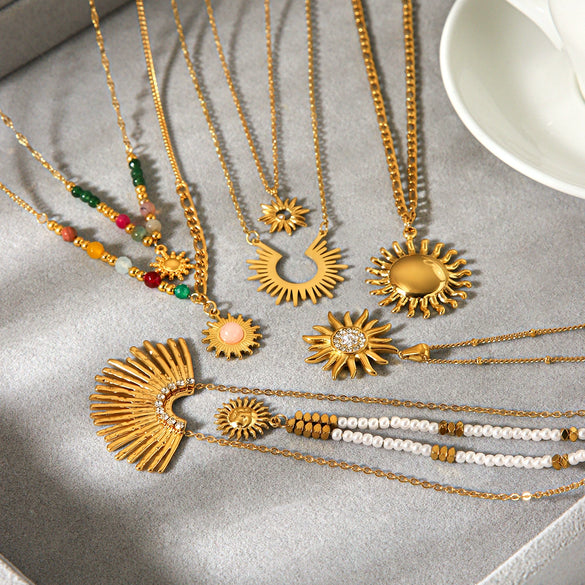 Wholesale Women's Geometric Gold Plated Stainless Steel Sunflower Pendant Necklace