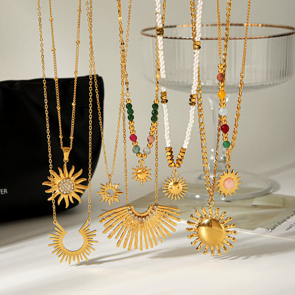 Wholesale Women's Geometric Gold Plated Stainless Steel Sunflower Pendant Necklace