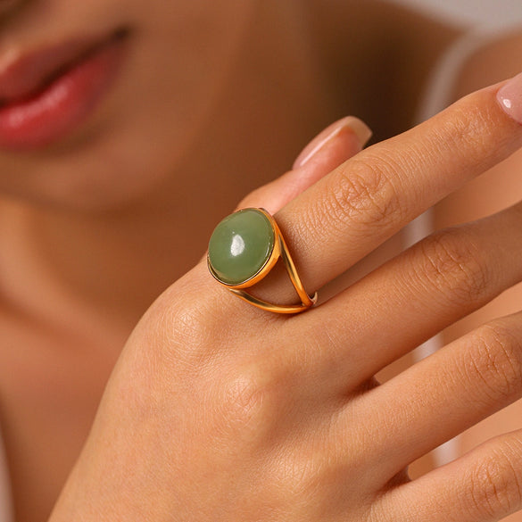 Wholesale Women's Geometric Green Aventurine Stone Ring Made Of Stainless Steel With Electroplating