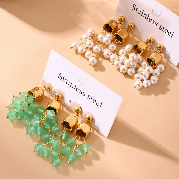 Wholesale Women's Geometric Green Aventurine Stone Tassel 316L Stainless Steel Electroplated Earrings
