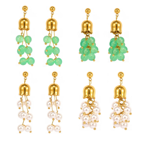 Wholesale Women's Geometric Green Aventurine Stone Tassel 316L Stainless Steel Electroplated Earrings