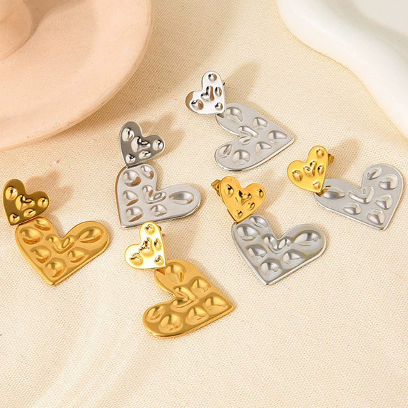 Wholesale Women's Geometric Heart Pendant Earrings Stainless Steel 18K Gold Plated Hammered Irregular Jewelry
