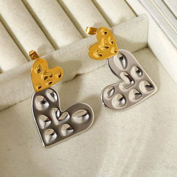 Wholesale Women's Geometric Heart Pendant Earrings Stainless Steel 18K Gold Plated Hammered Irregular Jewelry