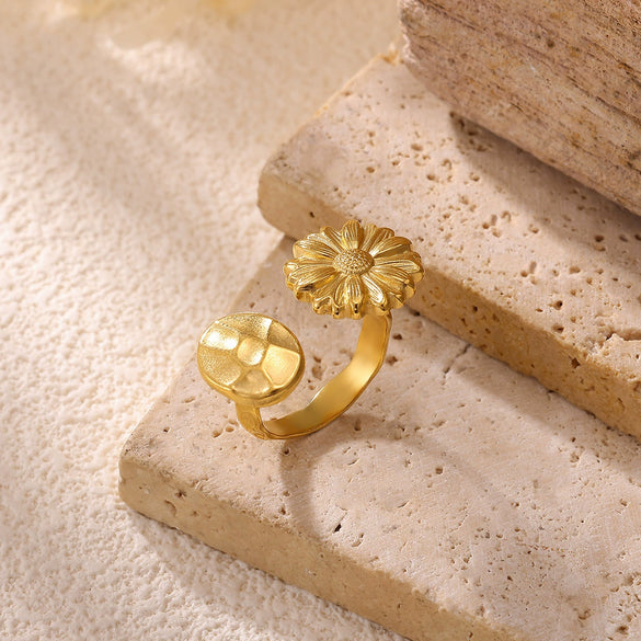 Wholesale Women's Geometric Heart Shape Inlaid With Gold Stainless Steel Doublelayer Butterfly Frosted Opening Adjustable Tail Ring Jewelry