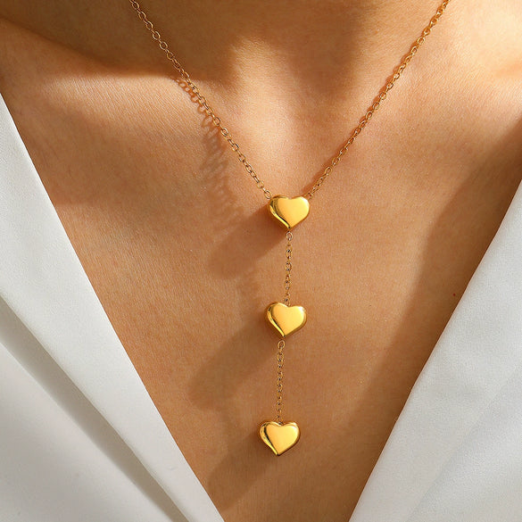 Wholesale Women's Geometric Heart Shape Titanium Steel 18K Goldplated Tassel Ochain Pendant Necklace