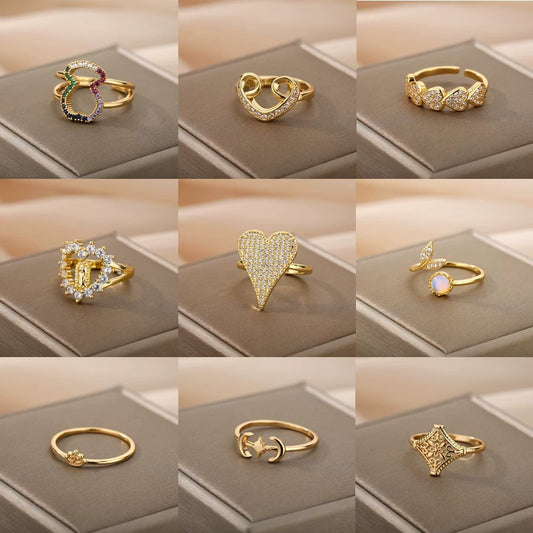 Wholesale Women's Geometric Heartshaped Copper Gold Inlaid Open Ring Jewelry