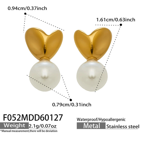 Wholesale Women's Geometric Heartshaped Imitation Pearl Stainless Steel Earrings With 18K Real Gold Plating