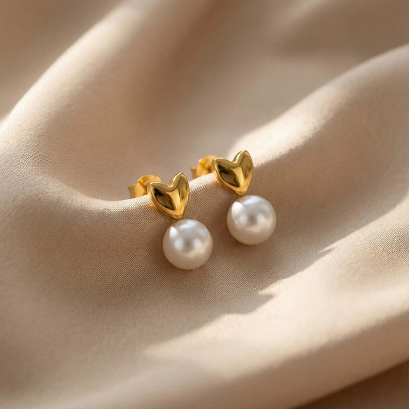 Wholesale Women's Geometric Heartshaped Imitation Pearl Stainless Steel Earrings With 18K Real Gold Plating