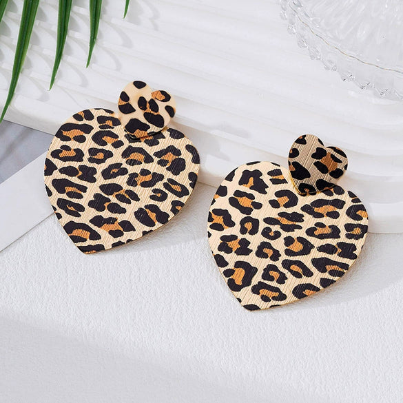 Wholesale Women's Geometric Heartshaped Leopard Print Alloy Electroplated Earrings