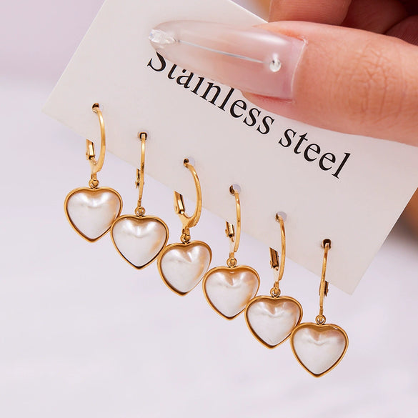 Wholesale Women's Geometric Heartshaped Stainless Steel Pearl Pendant Earrings 18K Gold Plated