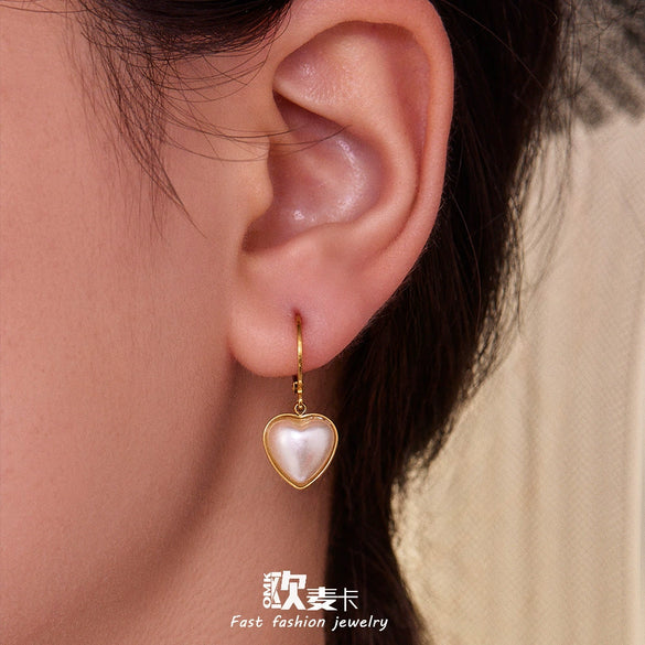 Wholesale Women's Geometric Heartshaped Stainless Steel Pearl Pendant Earrings 18K Gold Plated