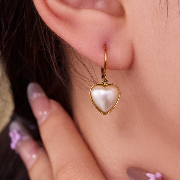 Wholesale Women's Geometric Heartshaped Stainless Steel Pearl Pendant Earrings 18K Gold Plated