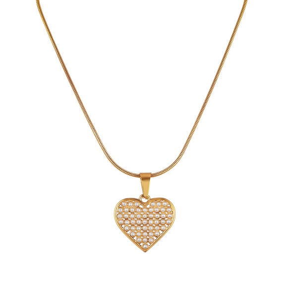 Wholesale Women's Geometric Heartshaped Stainless Steel Shell Pearl Titanium Steel Electroplated Calendering Chain Necklace