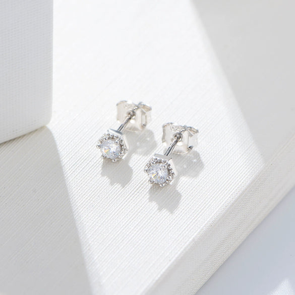 Wholesale Women's Geometric Hexagonal Single Diamond S925 Sterling Silver Earrings