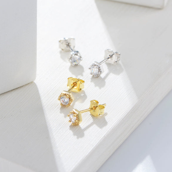 Wholesale Women's Geometric Hexagonal Single Diamond S925 Sterling Silver Earrings