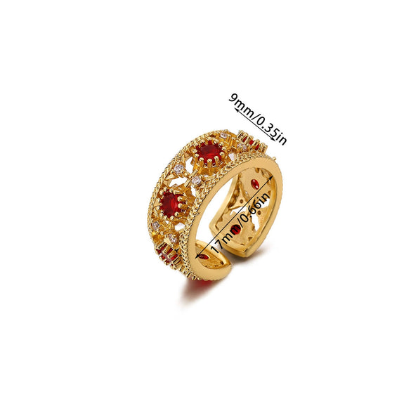 Wholesale Women's Geometric Hollow Flower Goldplated Inlaid With Gold Stainless Steel Zircon Ring With Fruit Shape And Pattern Light Luxury Style