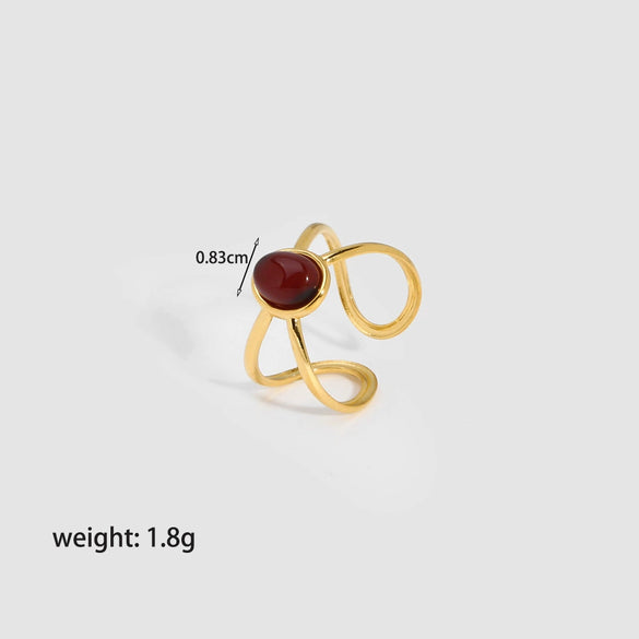 Wholesale Women's Geometric Hollow Stainless Steel Ring With Inlaid Oval Natural Stone And Pvdp Furnace Real Gold Treatment