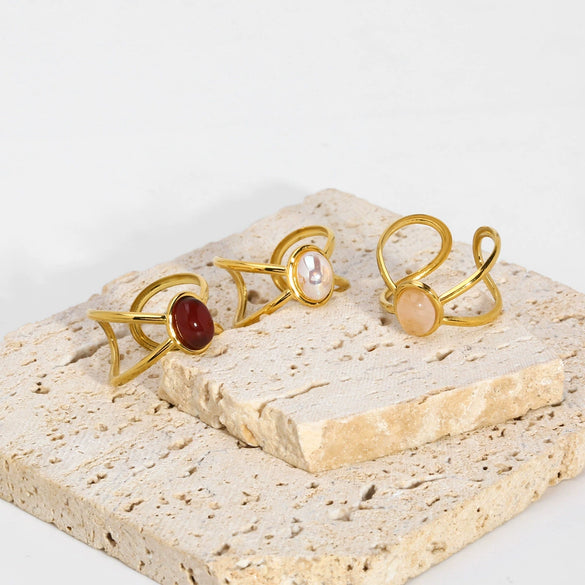Wholesale Women's Geometric Hollow Stainless Steel Ring With Inlaid Oval Natural Stone And Pvdp Furnace Real Gold Treatment