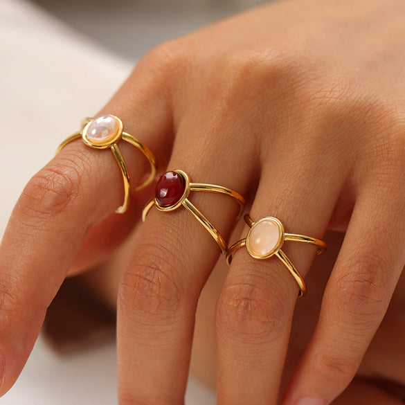 Wholesale Women's Geometric Hollow Stainless Steel Ring With Inlaid Oval Natural Stone And Pvdp Furnace Real Gold Treatment