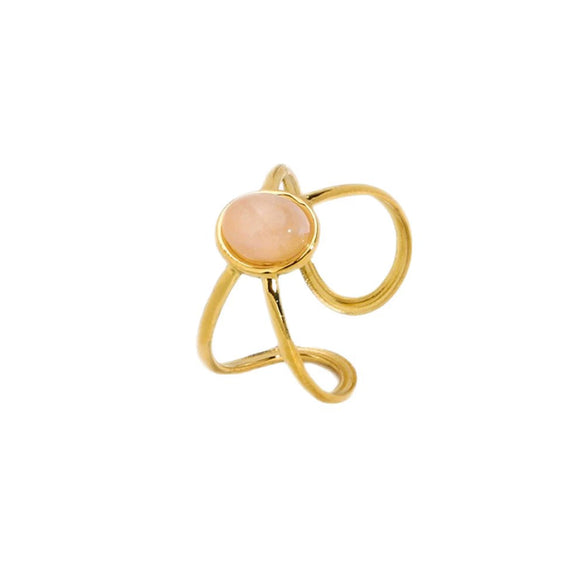 Wholesale Women's Geometric Hollow Stainless Steel Ring With Inlaid Oval Natural Stone And Pvdp Furnace Real Gold Treatment