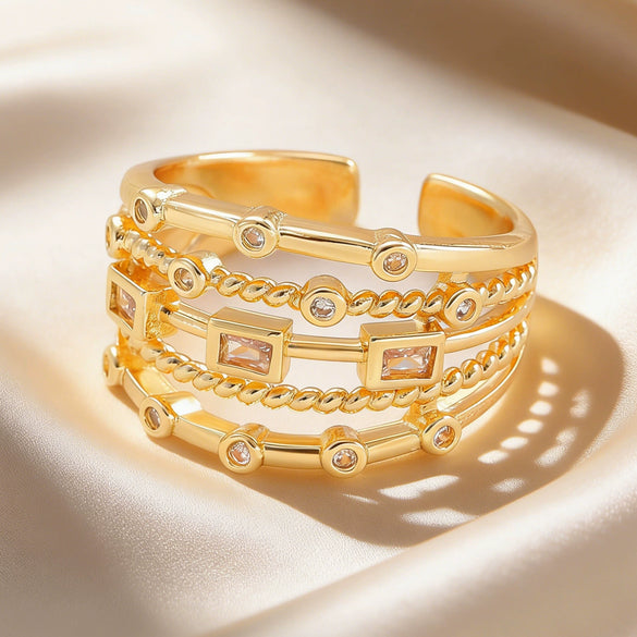 Wholesale Women's Geometric Hollowout Goldplated Diamondencrusted Environmentally Friendly Copper Ring