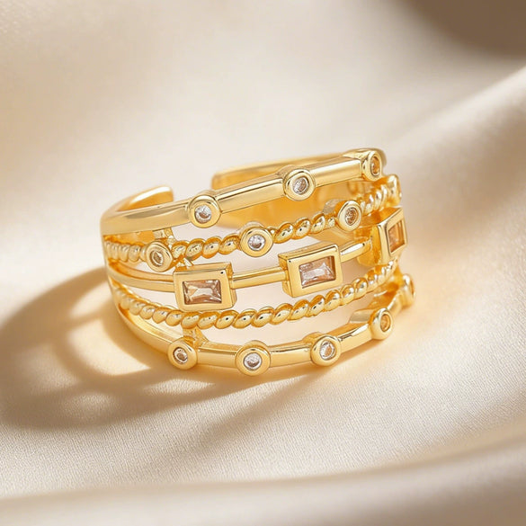 Wholesale Women's Geometric Hollowout Goldplated Diamondencrusted Environmentally Friendly Copper Ring