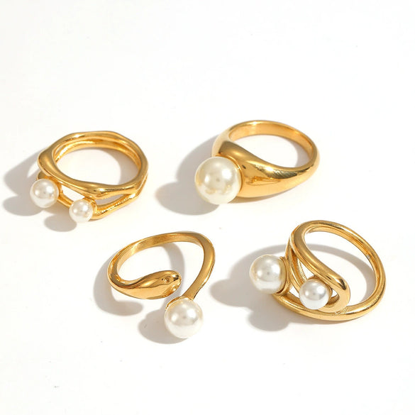Wholesale Women's Geometric Imitation Pearl Ring 18K Gold Plated Cast Titanium Steel Jewelry With Pvd Furnace Vacuum Real Gold Plating