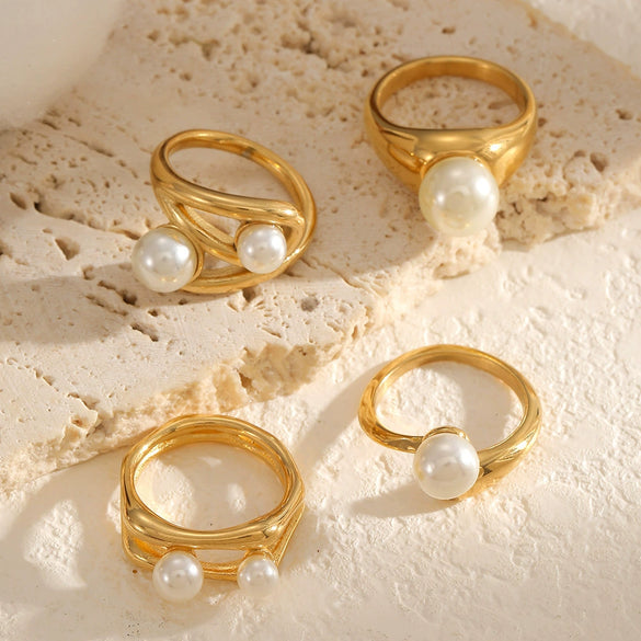 Wholesale Women's Geometric Imitation Pearl Ring 18K Gold Plated Cast Titanium Steel Jewelry With Pvd Furnace Vacuum Real Gold Plating