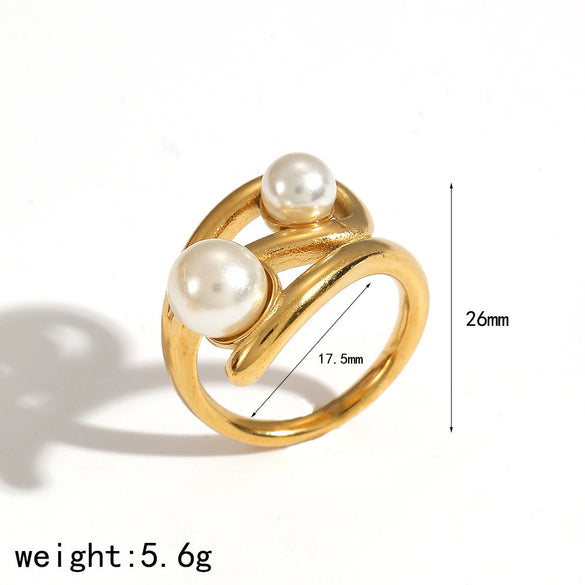 Wholesale Women's Geometric Imitation Pearl Ring 18K Gold Plated Cast Titanium Steel Jewelry With Pvd Furnace Vacuum Real Gold Plating