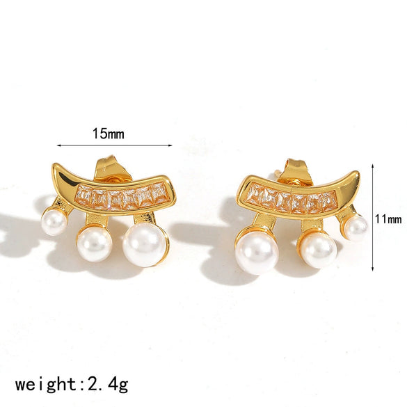 Wholesale Women's Geometric Imitation Pearl Stainless Steel Stud Earrings With Vacuum Real Gold Plating