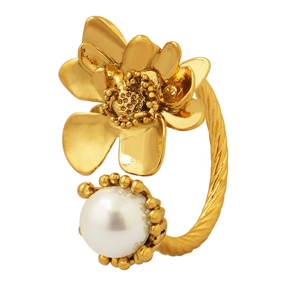 Wholesale Women's Geometric Inlaid Rubber Beads Electroplated Brass Ring With Retro Flower Design