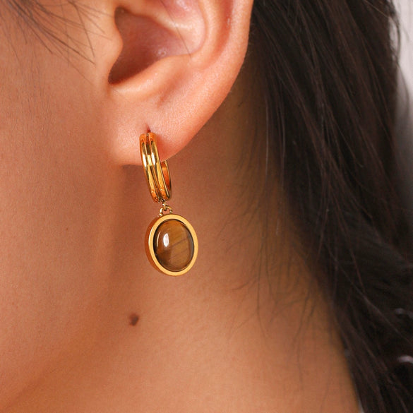 Wholesale Women's Geometric Irregular Tiger Eye Stone Earrings In French Retro Maillard Style With Pvd Furnace Vacuum Real Gold Plating Made Of Stainless Steel And Titanium Steel