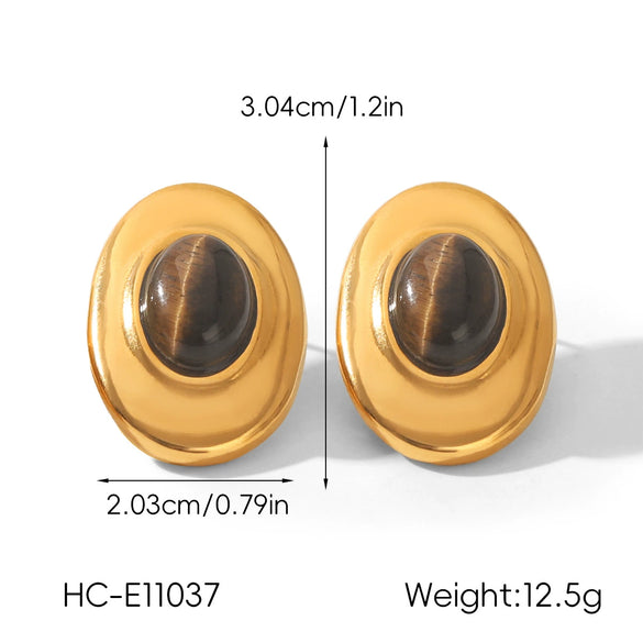 Wholesale Women's Geometric Irregular Tiger Eye Stone Earrings In French Retro Maillard Style With Pvd Furnace Vacuum Real Gold Plating Made Of Stainless Steel And Titanium Steel