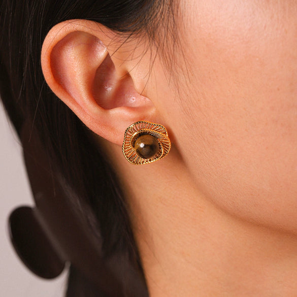 Wholesale Women's Geometric Irregular Tiger Eye Stone Earrings In French Retro Maillard Style With Pvd Furnace Vacuum Real Gold Plating Made Of Stainless Steel And Titanium Steel