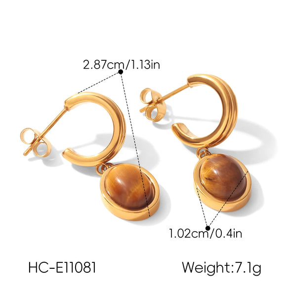 Wholesale Women's Geometric Irregular Tiger Eye Stone Earrings In French Retro Maillard Style With Pvd Furnace Vacuum Real Gold Plating Made Of Stainless Steel And Titanium Steel