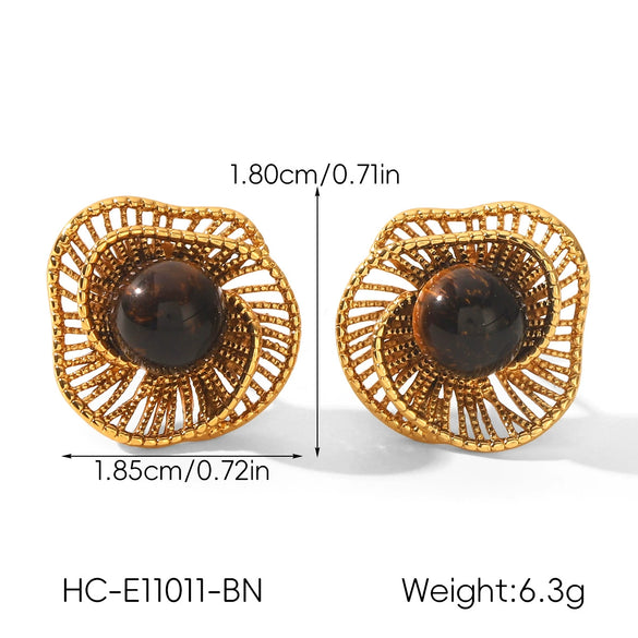 Wholesale Women's Geometric Irregular Tiger Eye Stone Earrings In French Retro Maillard Style With Pvd Furnace Vacuum Real Gold Plating Made Of Stainless Steel And Titanium Steel