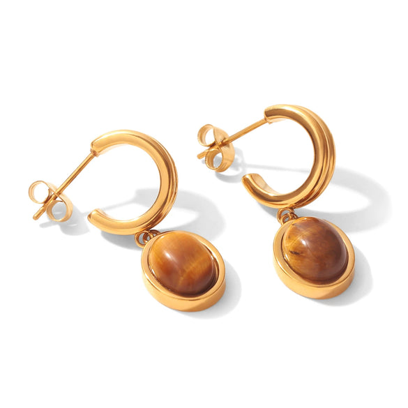 Wholesale Women's Geometric Irregular Tiger Eye Stone Earrings In French Retro Maillard Style With Pvd Furnace Vacuum Real Gold Plating Made Of Stainless Steel And Titanium Steel