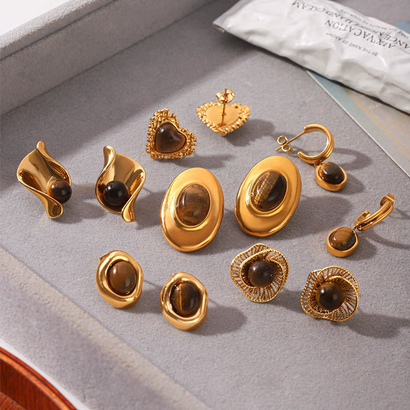 Wholesale Women's Geometric Irregular Tiger Eye Stone Earrings In French Retro Maillard Style With Pvd Furnace Vacuum Real Gold Plating Made Of Stainless Steel And Titanium Steel