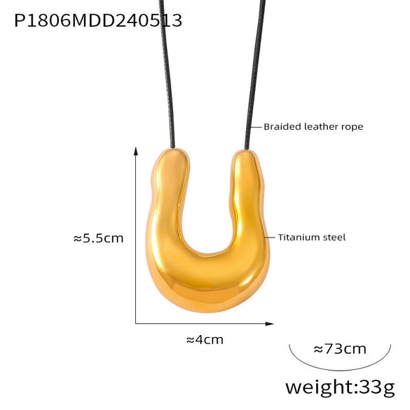 Wholesale Women's Geometric Irregular Ushaped Horseshoe Pendant Necklace With Leather Rope Chain And Titanium Steel Gold Plated