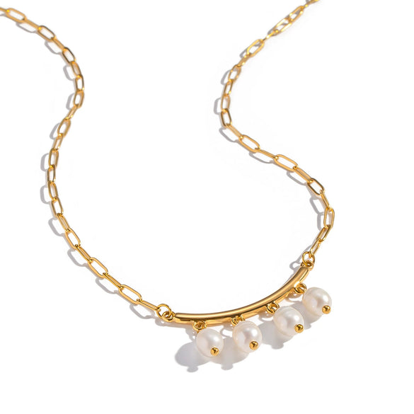Wholesale Women's Geometric Jazz Style Minimalist Natural Freshwater Pearl Necklace With 18K Real Gold Plated Stainless Steel Paper Clip Chain