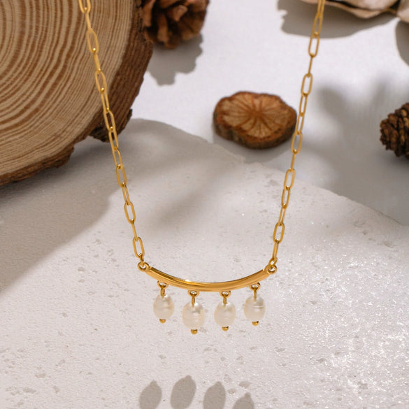 Wholesale Women's Geometric Jazz Style Minimalist Natural Freshwater Pearl Necklace With 18K Real Gold Plated Stainless Steel Paper Clip Chain