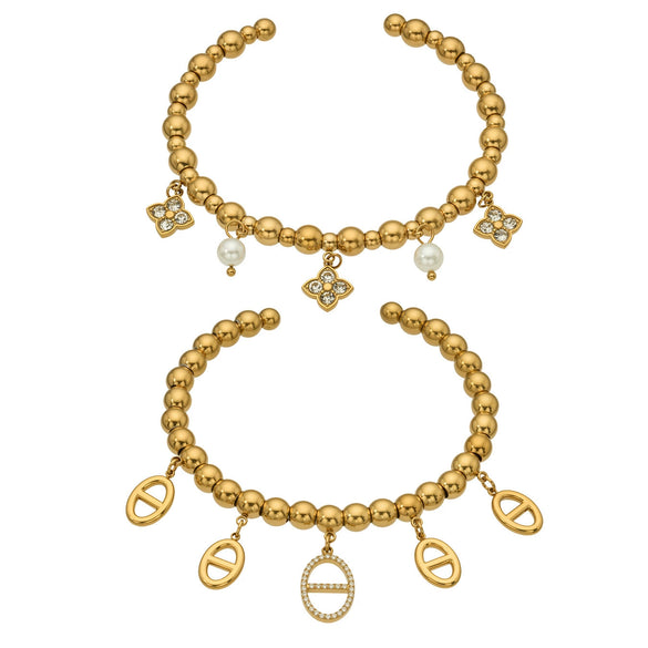 Wholesale Women's Geometric 18K Goldplated 316L Stainless Steel Beaded Bracelet With Zircon Pendant Set