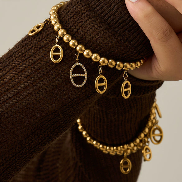 Wholesale Women's Geometric 18K Goldplated 316L Stainless Steel Beaded Bracelet With Zircon Pendant Set