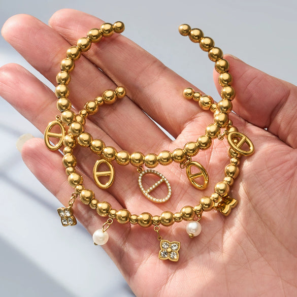 Wholesale Women's Geometric 18K Goldplated 316L Stainless Steel Beaded Bracelet With Zircon Pendant Set
