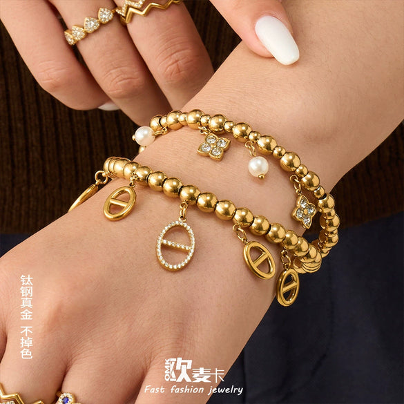 Wholesale Women's Geometric 18K Goldplated 316L Stainless Steel Beaded Bracelet With Zircon Pendant Set
