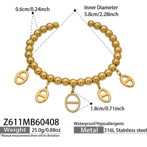 Wholesale Women's Geometric 18K Goldplated 316L Stainless Steel Beaded Bracelet With Zircon Pendant Set
