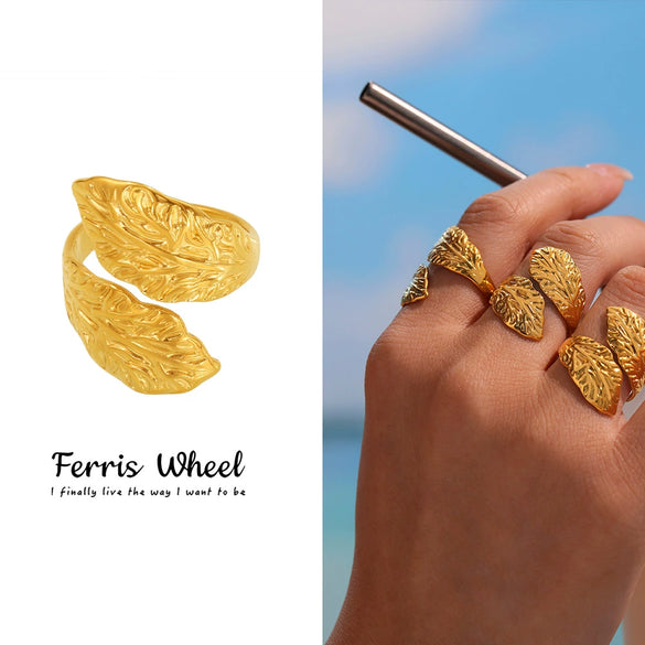 Wholesale Women's Geometric Leaf Open Index Finger Ring Made Of Stainless Steel With 18K Gold Plating