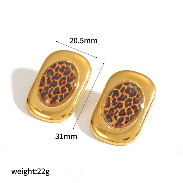 Wholesale Women's Geometric Leopard Print 18K Gold Plated Stainless Steel Jewelry Set Bracelet Earrings Maillard Style