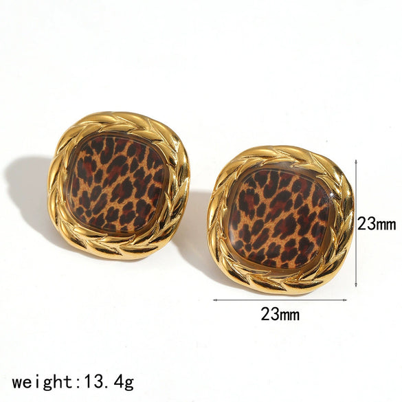 Wholesale Women's Geometric Leopard Print 18K Gold Plated Stainless Steel Jewelry Set Bracelet Earrings Maillard Style