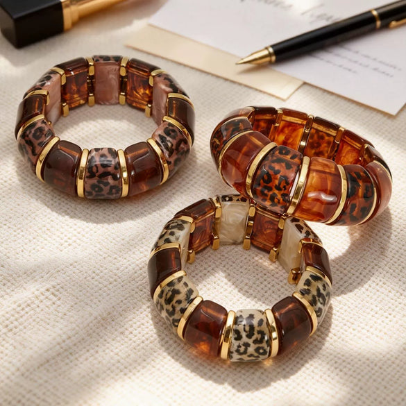 Wholesale Women's Geometric Leopard Print Stainless Steel Resin 18K Gold Plated Bracelet